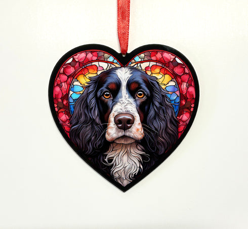 Cocker Spaniel Black & White Stained Glass Effect Heart Suncatcher